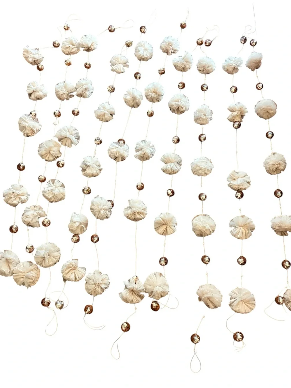 Neutral Pom-Pom Garland with Gold Beads - Home Holiday Decor 10pcs